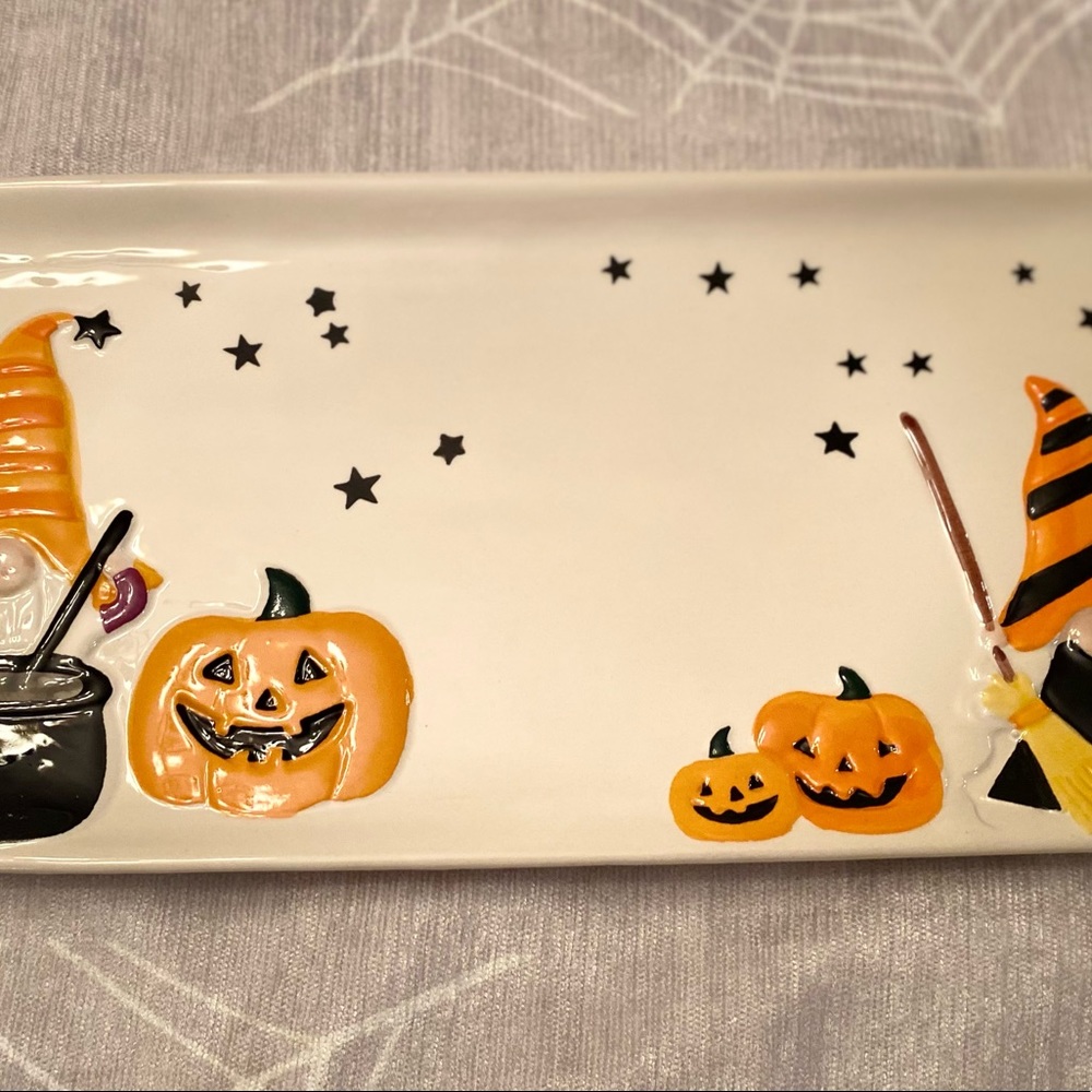 Halloween Gnome Platter, Witch Gnomes Jack-O-Lanterns Cauldrens Ceramic Platter - Picture 6 of 13